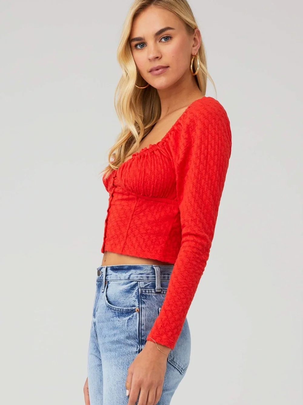 Free People Ladybug Long Sleeve Crop Top Red Textured Ruched Boho Size M NWOT